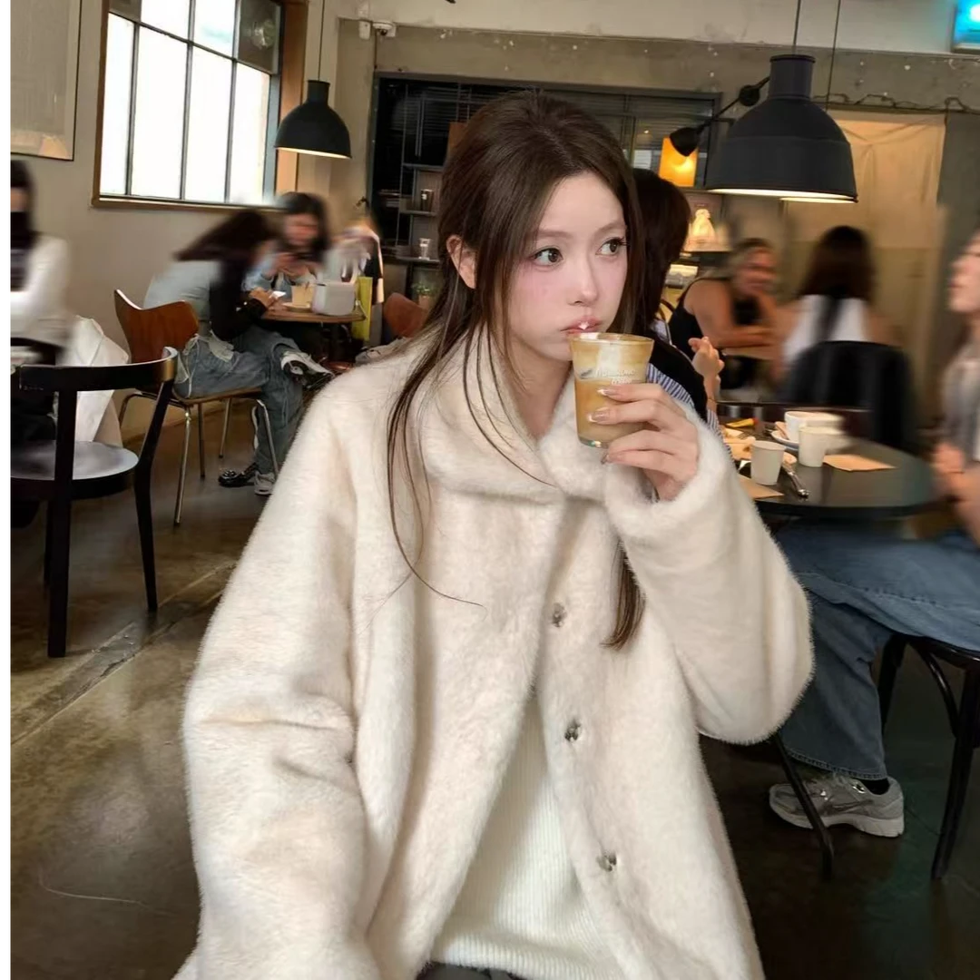 奶呼呼双色仿貂毛毛外套女冬季新款翻领气质保暖毛绒皮毛一体外套