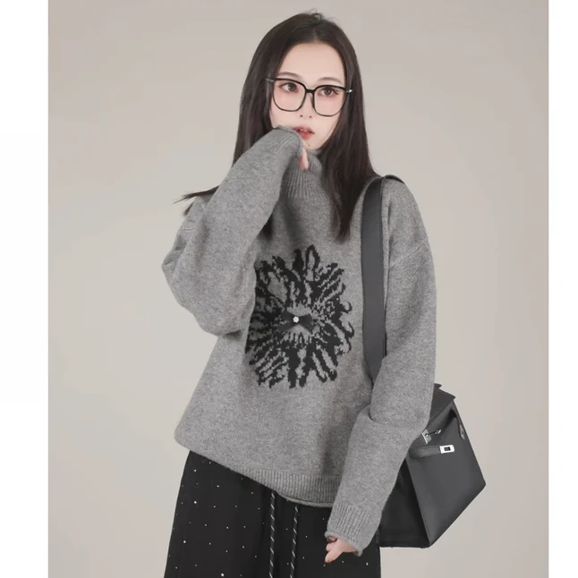 春季新款时尚百搭慵懒休闲宽松蝴蝶结雪花套头针织毛衣QYLA1250