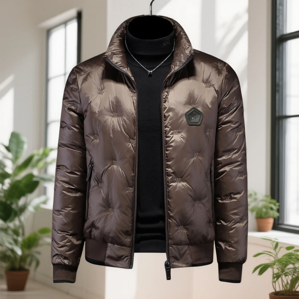 娜罗普西刺绣羽绒服男亮面外套加厚潮牌冬季新款轻薄短款白鸭绒潮