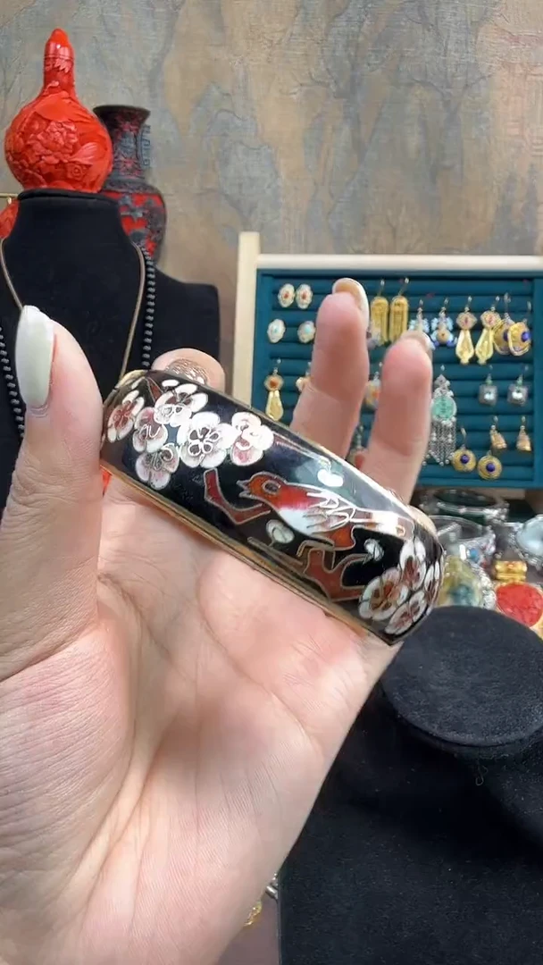 非遗手工景泰蓝开口银蓝镯子黑色