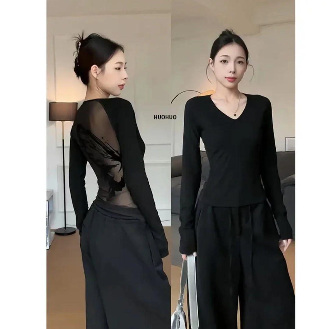 辣妹蝴蝶植绒印花设计感长袖上衣2024年秋冬V领气质百搭内搭小衫