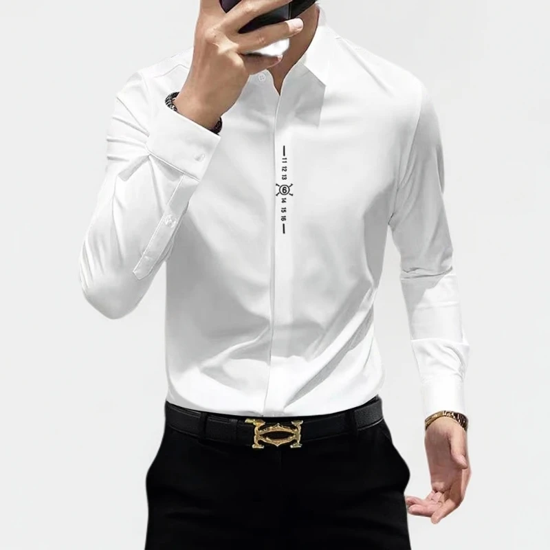 时尚弹力修身男士长袖衬衣秋季男款免烫抗皱纯色百搭潮流休闲衬衫