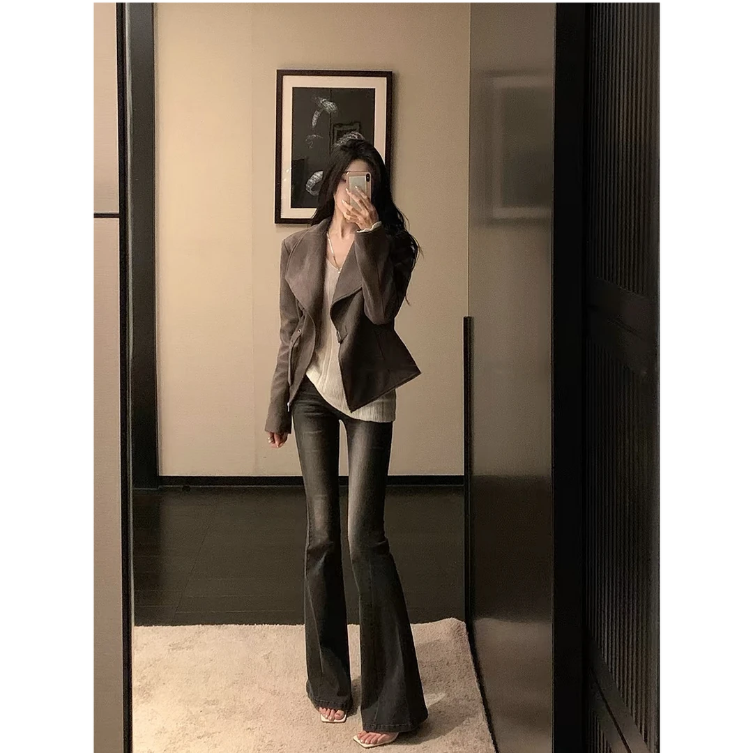 美式复古麂皮机车夹克女秋季长袖大翻领氛围感收腰短外套