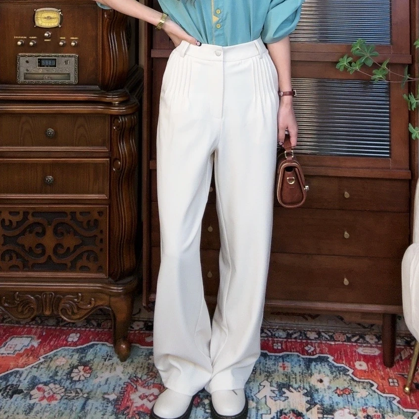 清【一生罗曼】百搭高腰裤子打条工艺休闲阔腿显瘦直筒裤K313