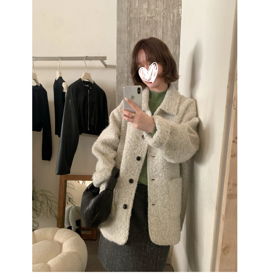 高品质奶呼呼翻领宽松羊毛外套#3239