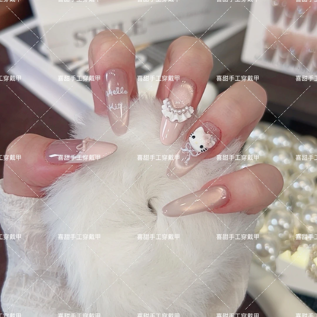 【凯蒂猫】手工穿戴蝴蝶结法式优雅闪钻片显白可爱美甲
