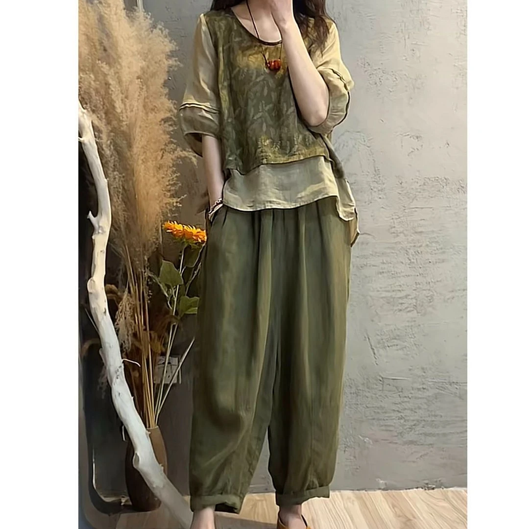 时尚套装女2025夏季新款印花拼接假两件上衣哈伦裤显瘦两件套休闲