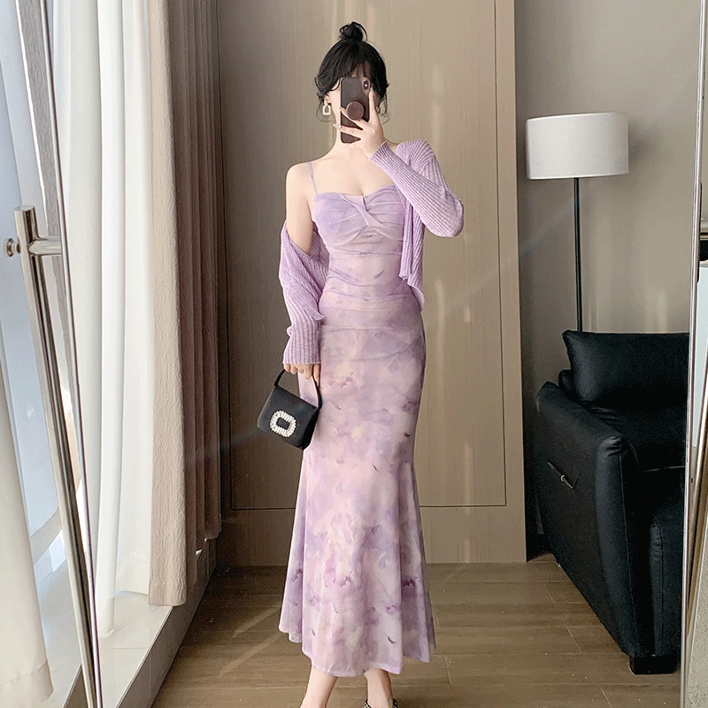 法式纯欲风晕染碎花吊带连衣裙女夏季2025新款时尚显瘦修身长裙潮