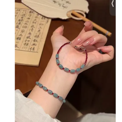 天然翡翠七粒米手链红尖晶串珠可调节男女款
