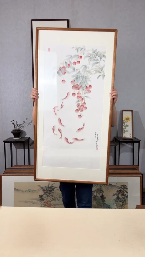 国画手绘*万事顺利（九鱼图）*62*122cm带框发货