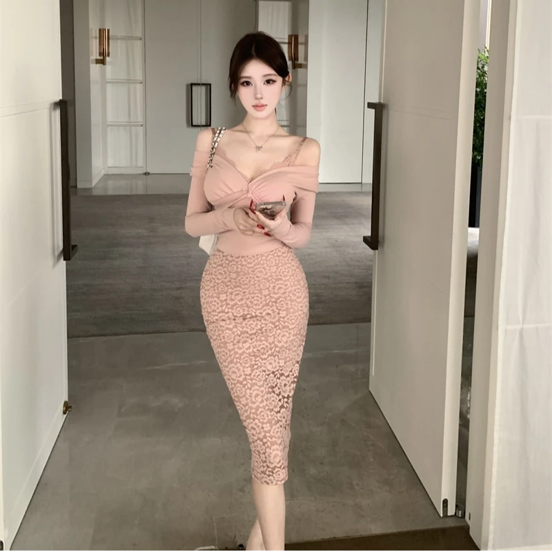 设计感蕾丝拼接假两件长袖T恤女纯欲风套装春季鱼尾半身裙两件套