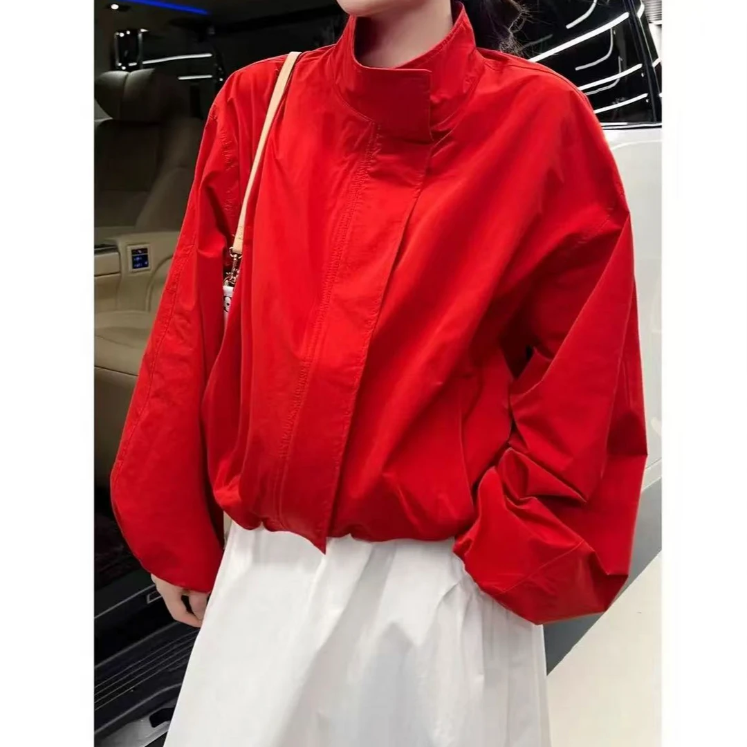 2025春季新款下摆抽绳立领宽松短款棒球服外套