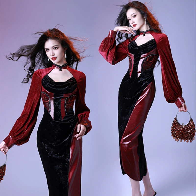 四斤自制 【热吻】酒红丝绒仿皮性感束腰约会法式秋冬秋冬旗袍裙