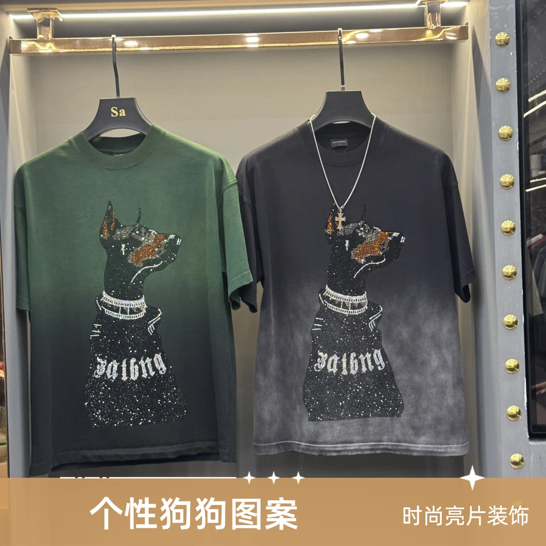 【澳门小宝】971痞帅杜宾犬烫钻烫钻短袖T恤男宽松潮流美式街头风