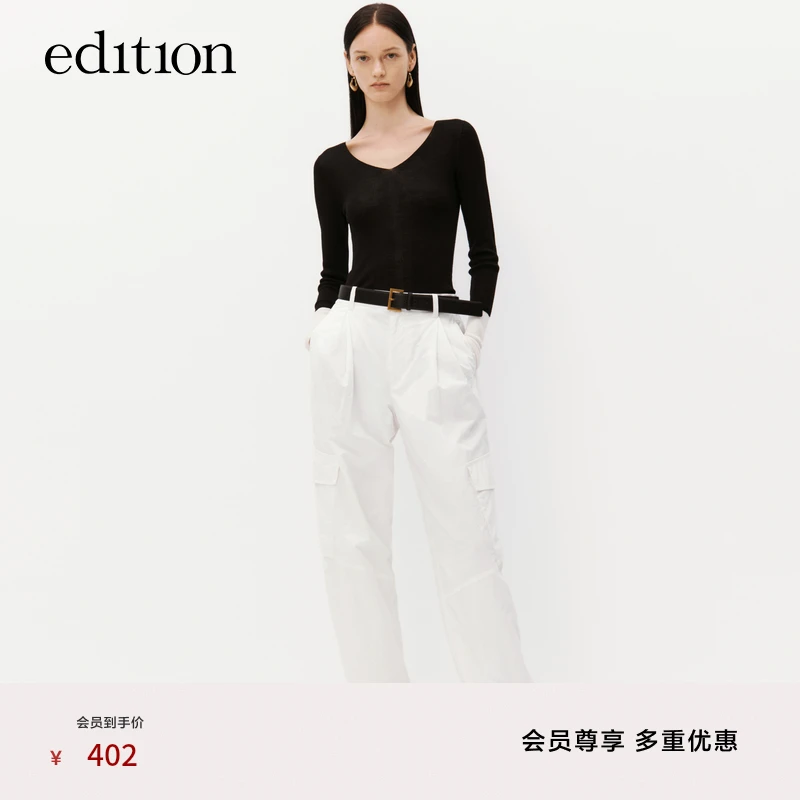 edition雅丹风针织衫女绵羊毛V领拼色袖口小众打底衫#EBC3SWTT08
