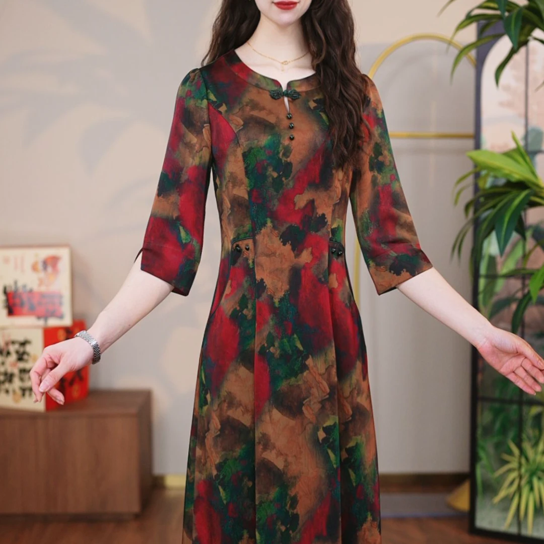 WLY【直播专享】桑蚕丝裙子女夏季2025新款连衣裙真丝国风中式显瘦