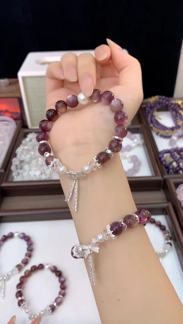 未镶嵌手链水晶桃禧 D-J012-29小卡紫锂云母贝珠蝴蝶结