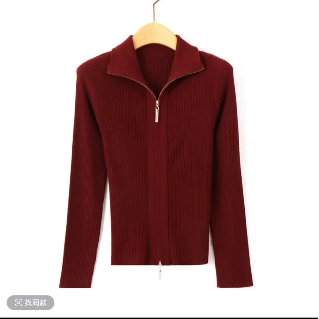 4纯色双拉链针织开衫秋冬季修身显瘦