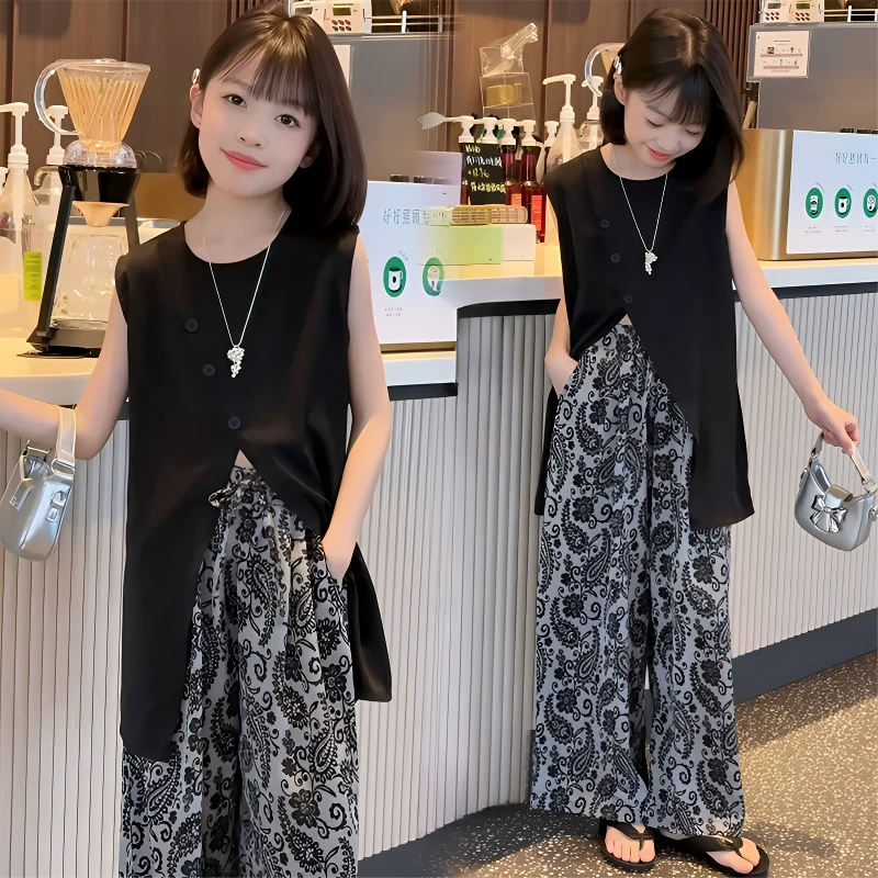 女童无袖套装夏季2025新款洋气中大童慵懒风上衣儿童阔腿裤两件套