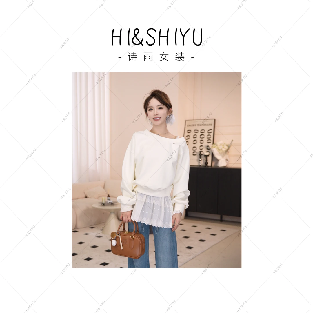HISHIYU【心动赴约】拼接斜肩不对称米白黑灰春性感韩版卫衣00200