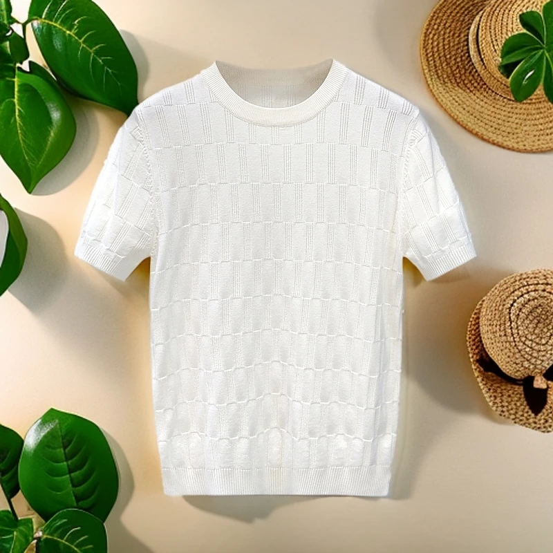 HAESONMENEAT哈逊梅奈夏季男装休闲圆领毛衣薄款透气纯色百搭上衣