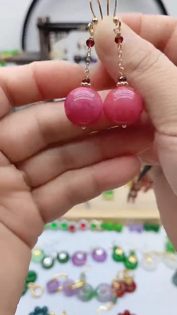 14K金镶嵌菱锰矿（红纹石）耳饰7