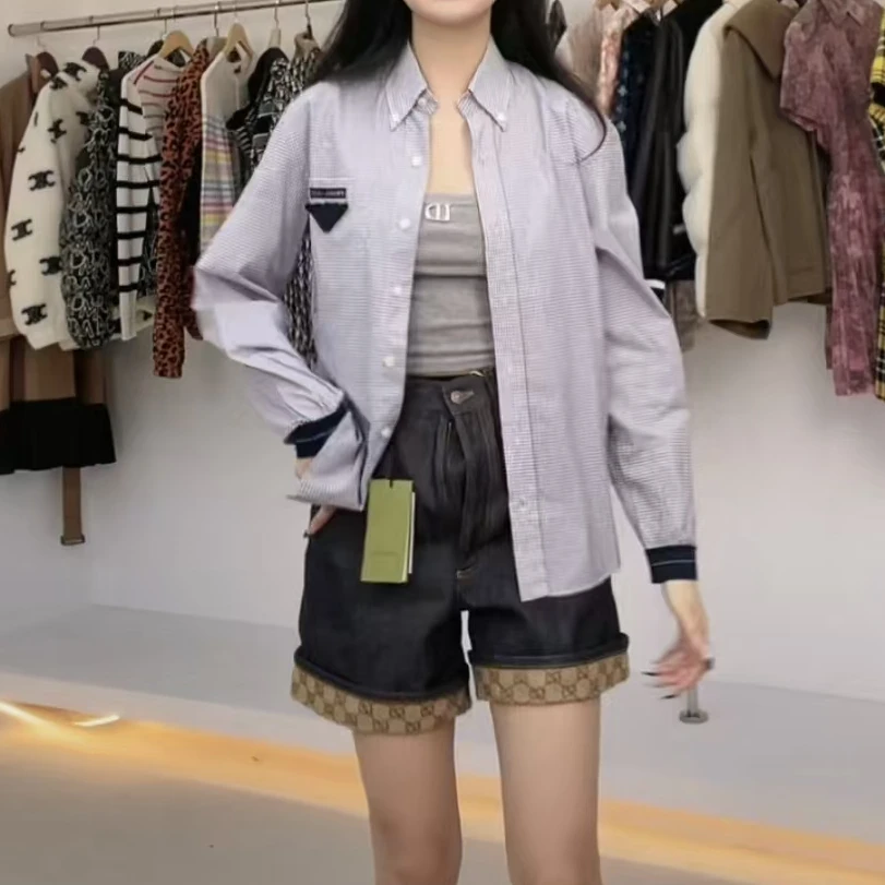 全新未使用 Prada/普拉达 格纹胸前logo衬衫/38