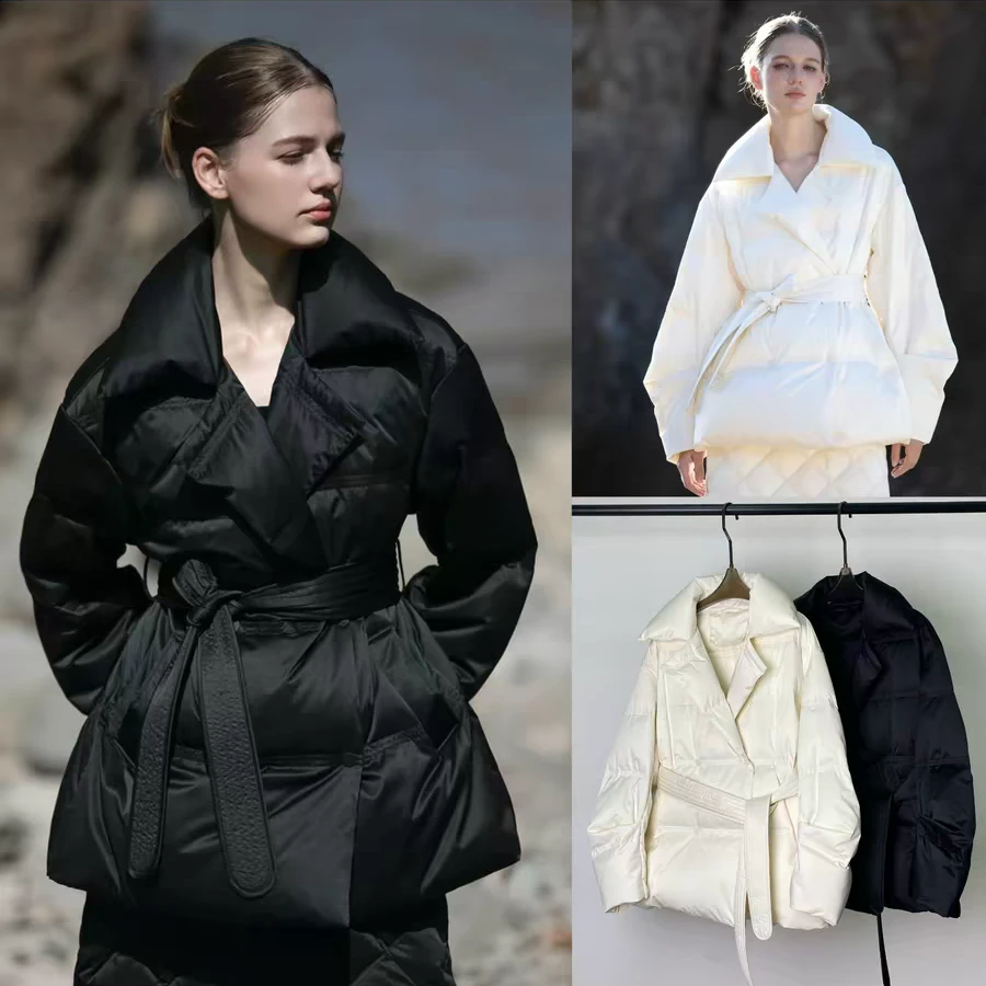 翻领中长款厚款西装领长袖羽绒服收腰气质女款宽松12569