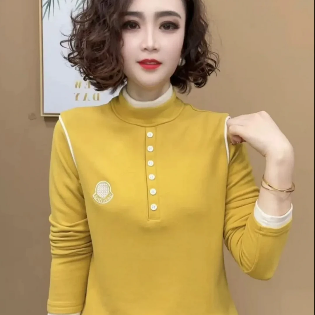 2025春季新品撞色纽扣休闲长袖减龄气质打底衫百搭简约女士上衣
