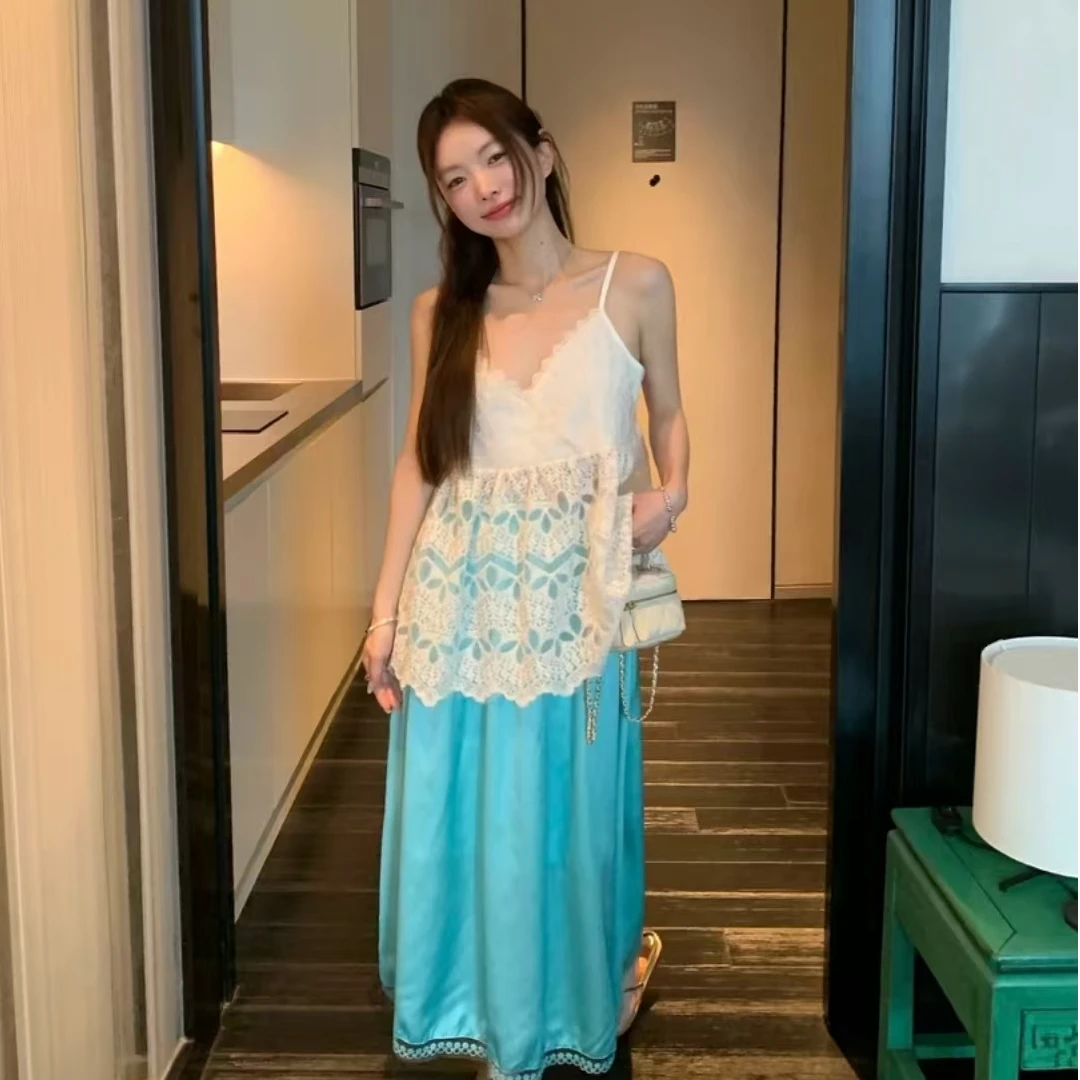 【圣岛情书】甜美穿搭超好看蕾丝设计感外穿吊带湖蓝色半身裙套装