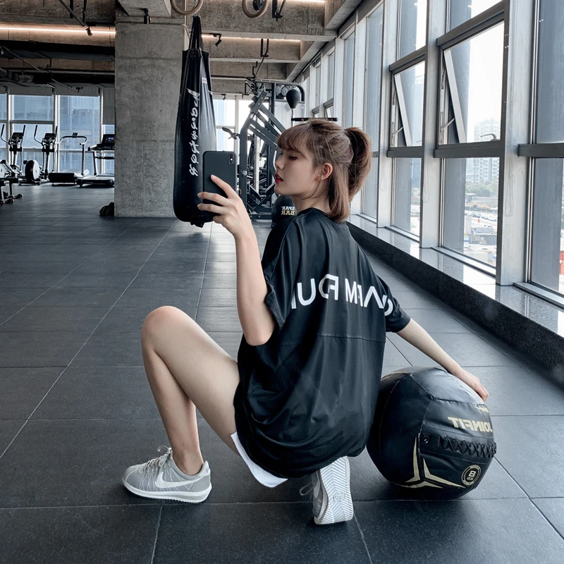 宽松显瘦网红健身服女速干衣大码运动罩衫跑步T恤瑜伽服性感上衣