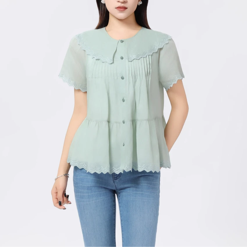 AMASS/阿玛施夏季法式荷叶领苎麻衬衣别致的上衣女530037