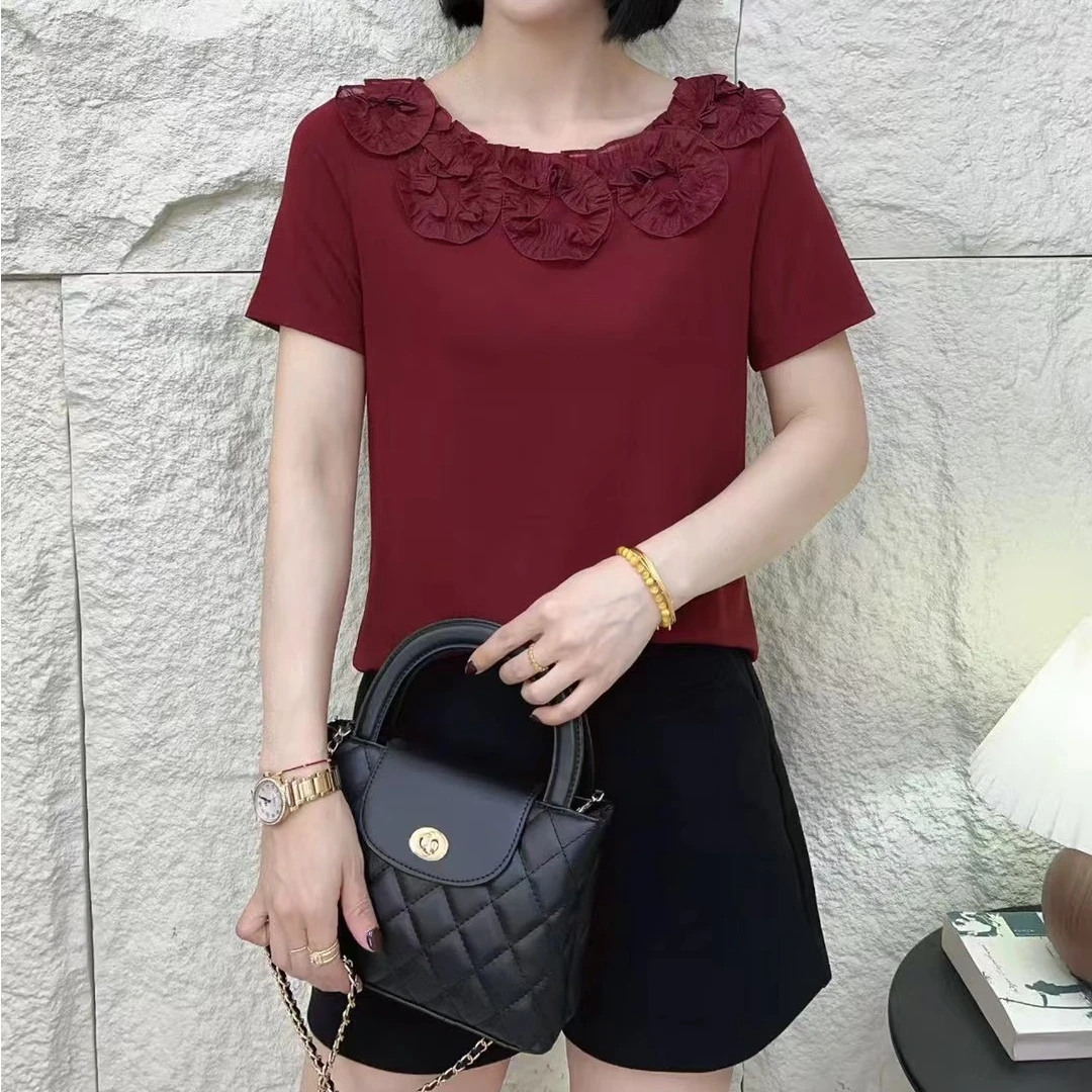 小施家气质女人味特色花领垂感显瘦T恤68979