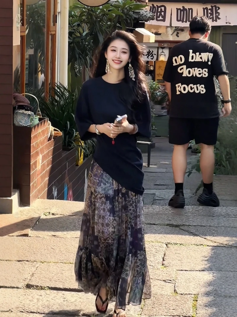 韩版休闲通勤气质慵懒套装女2025年夏季新款短袖上衣半身裙两件套
