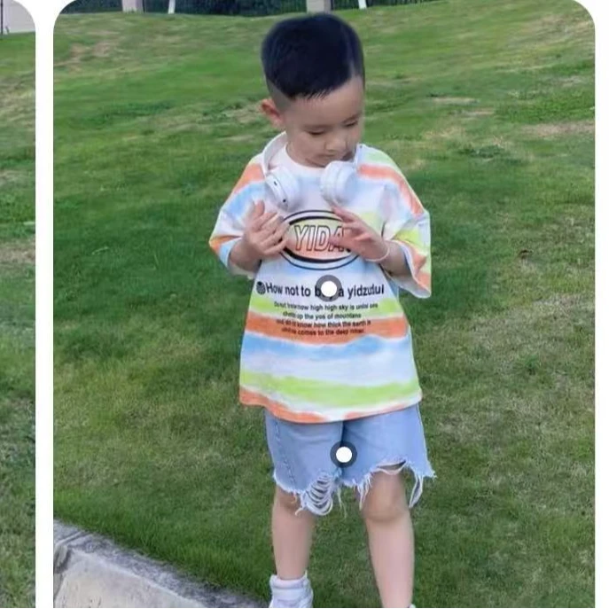 T002韩版儿童彩虹条纹半袖