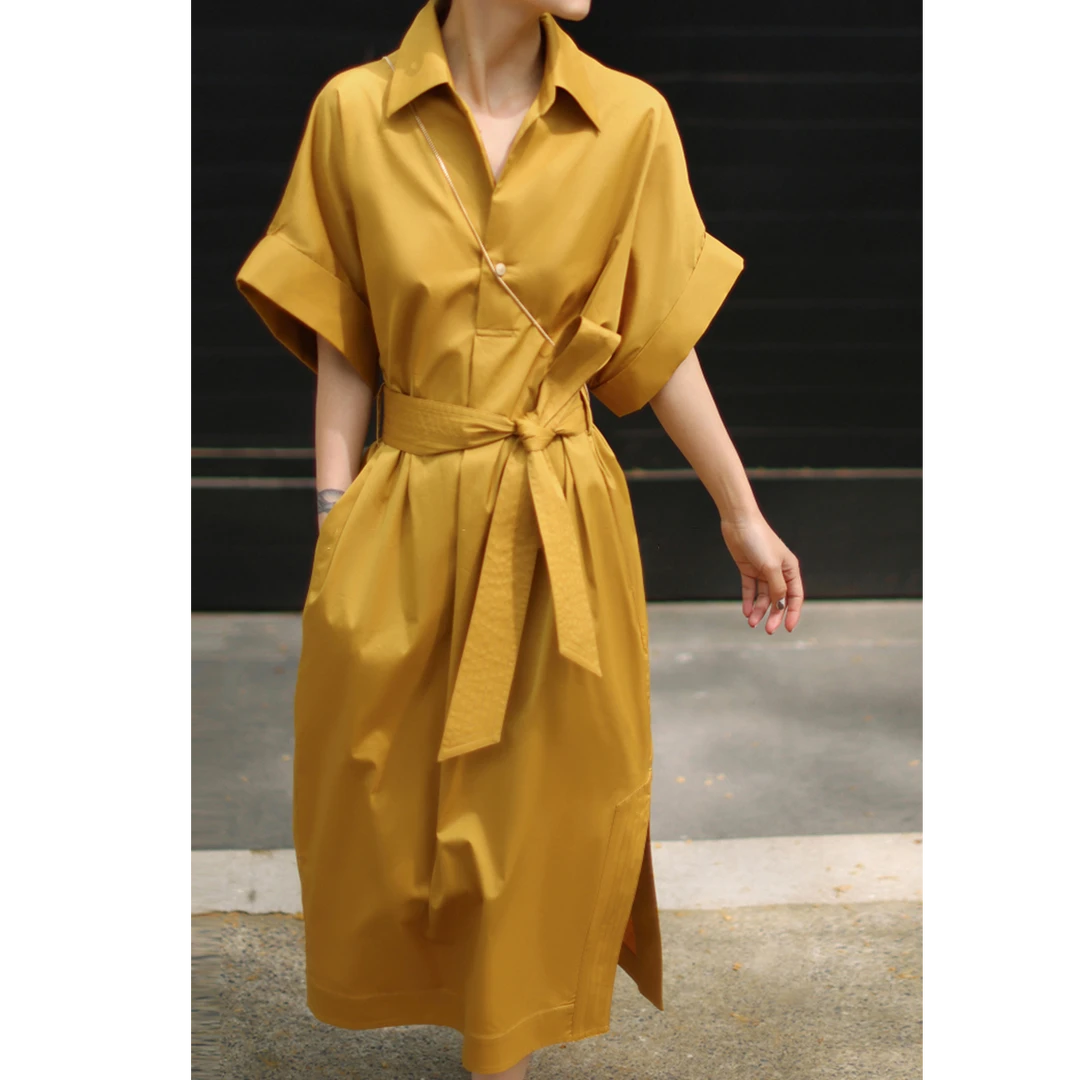 夏季套头连衣裙法式中长款A字裙显瘦短袖纯色小众休闲系带裙子女