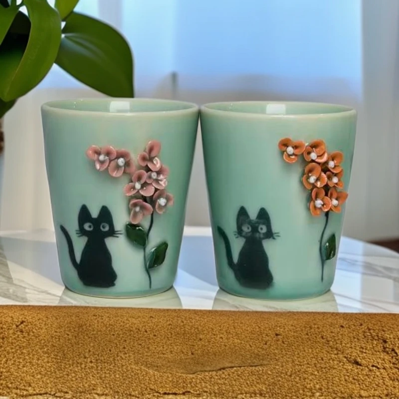 【觀文荐瓷】100ml青釉慧仙捏花猫杯茶杯
