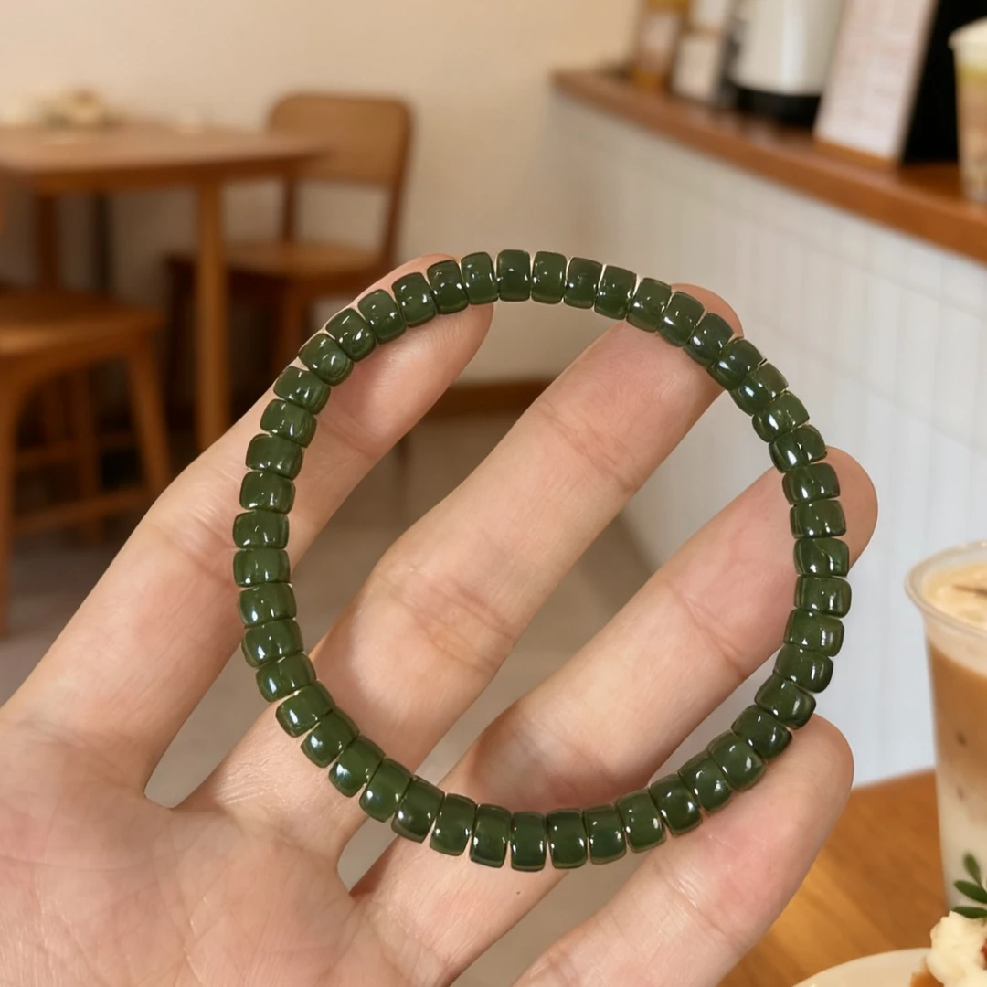 【晶缘聚】天然俄料碧玉菠菜绿辣绿精工直切药片手串文玩叠戴礼物