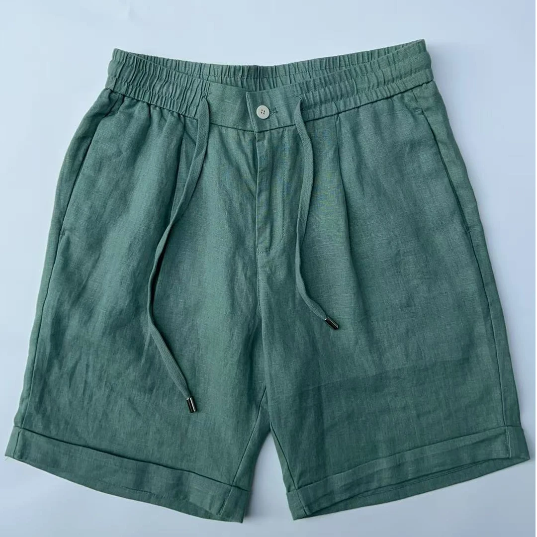 麻戈短裤潮流夏季裤子100纯亚麻宽松版男女同款四分裤门襟拉链