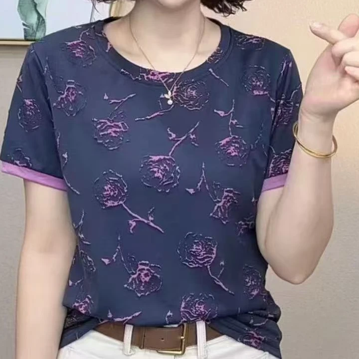 气质显瘦圆领夏季妈妈装遮肚套装静奢风短袖衬衫袖T恤夏装