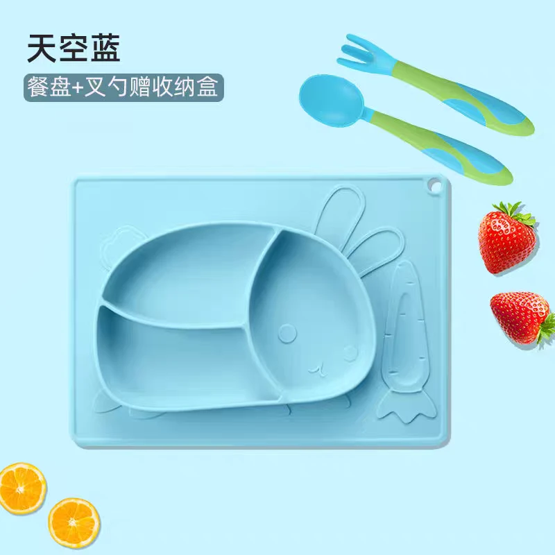 硅胶餐盘大吸盘儿童一体式吃饭分格餐具婴儿卡通兔子吃饭吸盘碗勺