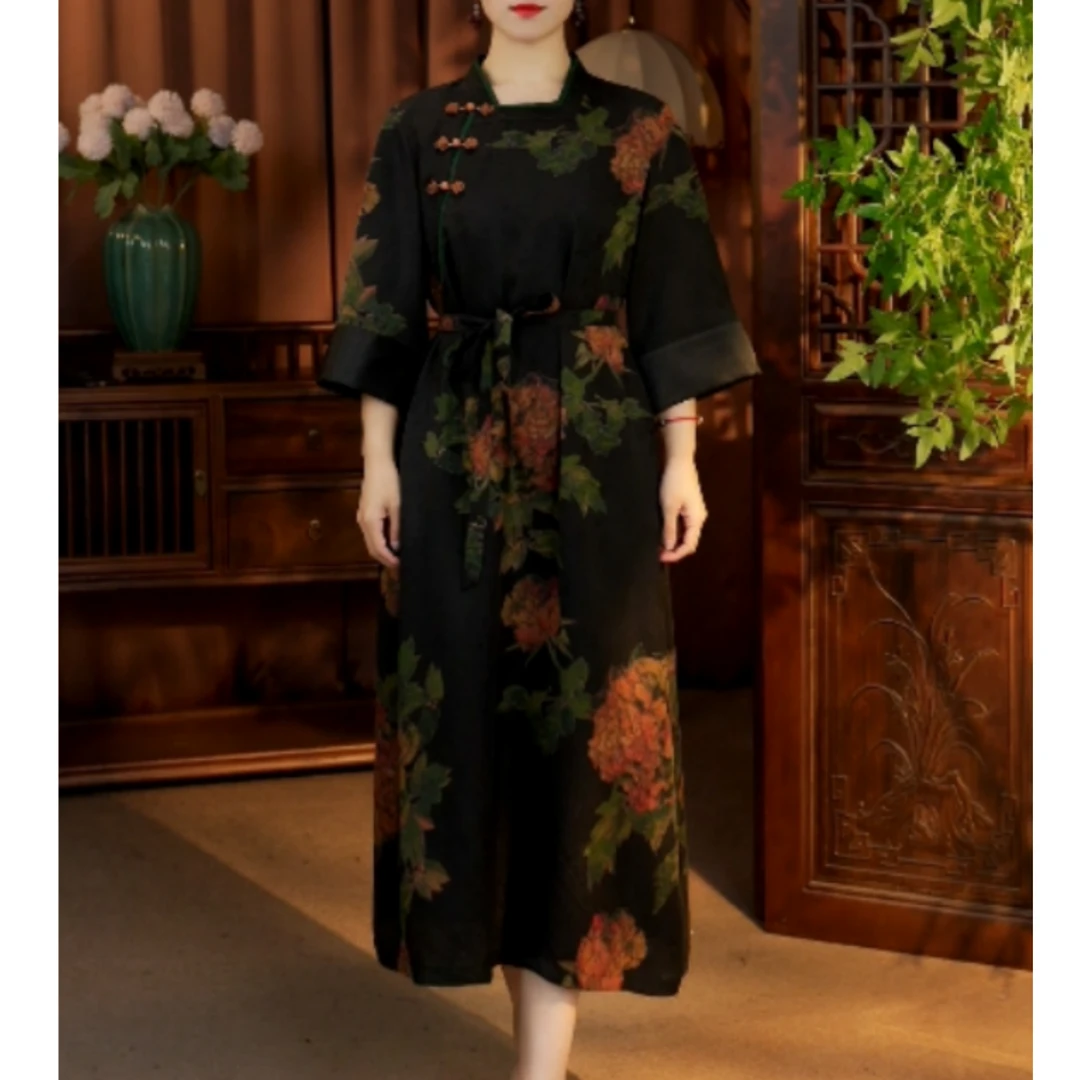 【牡丹花】春秋季国风新中式气质花萝香云纱连衣裙桑蚕丝长裙25571