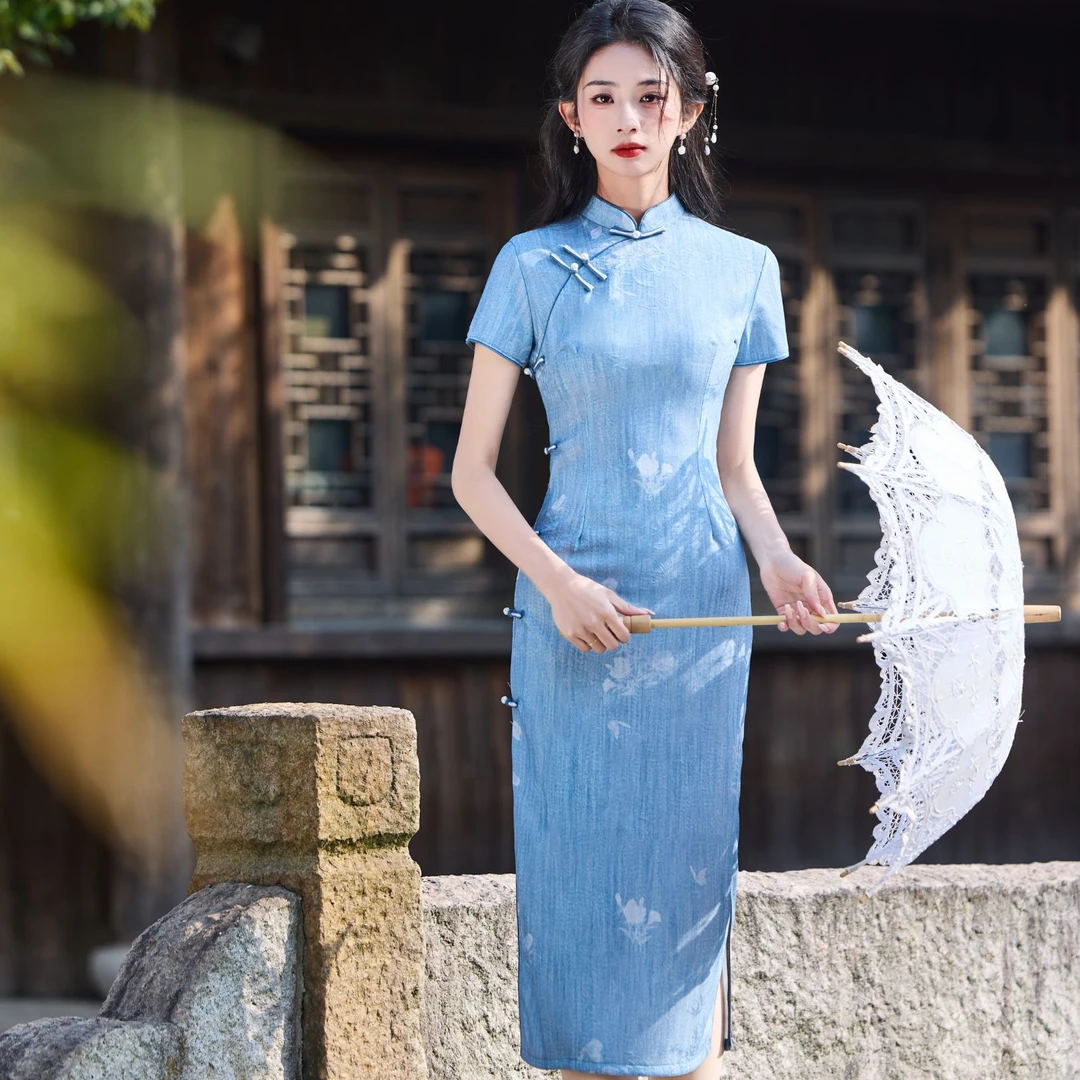 旗袍复古提花长裙拼接优雅蕾丝气质日常修身蓝色中式少女