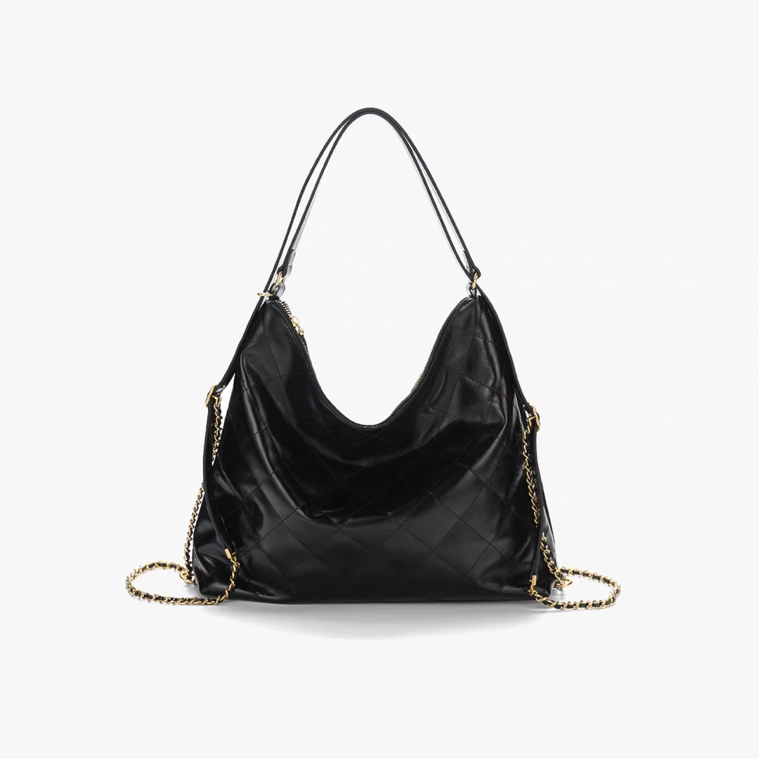 菱格拉链托特包单肩包褶皱流浪包皮包小众肩包时髦小姨风真皮百搭