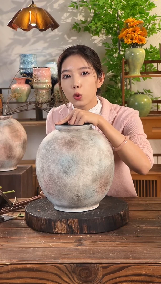 【复古红棕-小号月亮罐】无孔桌面落地陶瓷花瓶干花鲜花客厅花器