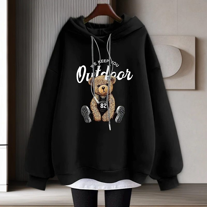 2025秋冬季新款趣味小熊卡通字母加绒假两件连帽卫衣女韩版中长款