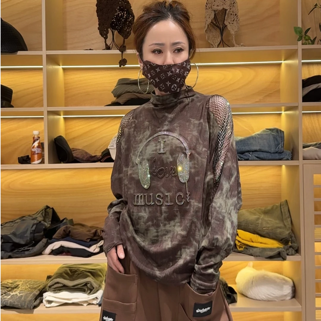 9723秋款欧货重工水洗拼接烫钻扎染个性时尚上衣