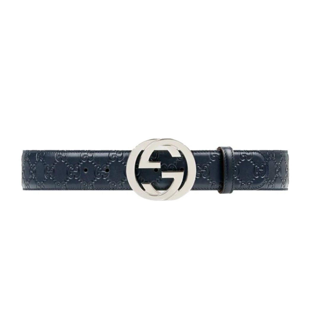 99新 GUCCI/古驰  银标大双G压花深蓝色麂皮内里腰带4CM宽经典百