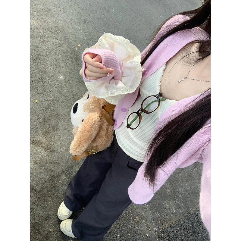 粉色针织开衫V领短外套上衣内搭毛衣微喇牛仔裤垂感拖地马蹄裤女