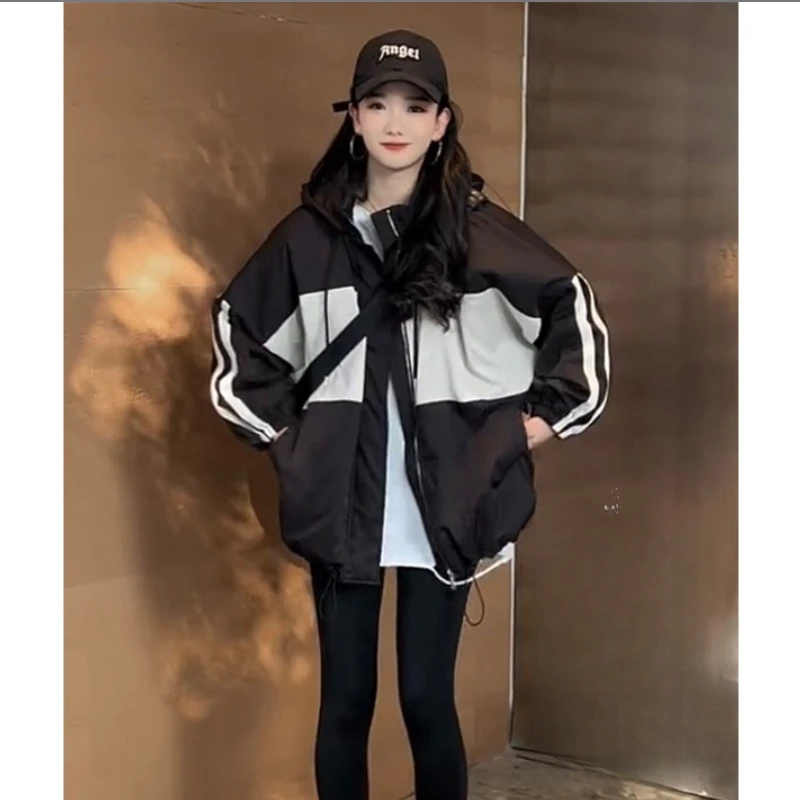 欧货连帽撞色冲锋衣外套女春季2025新款小个子百搭宽松中长款上衣